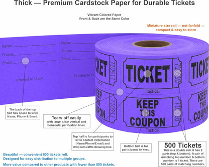 Tacticai 500 Raffle Tickets, Purple (1 of 8 Colors), Double Roll, Ticket for Events, Entry, Class Reward, Fundraiser & Prizes