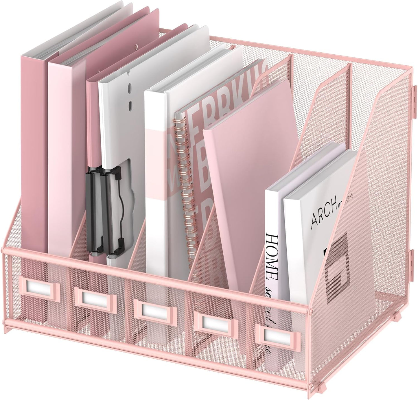 SUPEASY Desk Organizers Metal Desk Magazine File Holder with 5 Vertical Compartments Rack File Organizer for Office Desktop, Home Workspace, Pink