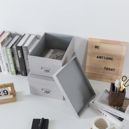 Soul & Lane Decorative Cardboard Storage Boxes with Lids, Set of 2 Stacking Keepsake Photo and Memory Boxes for Home & Office, Paperboard Organizers with Label Holders and Drawer Pulls, Cloud Gray