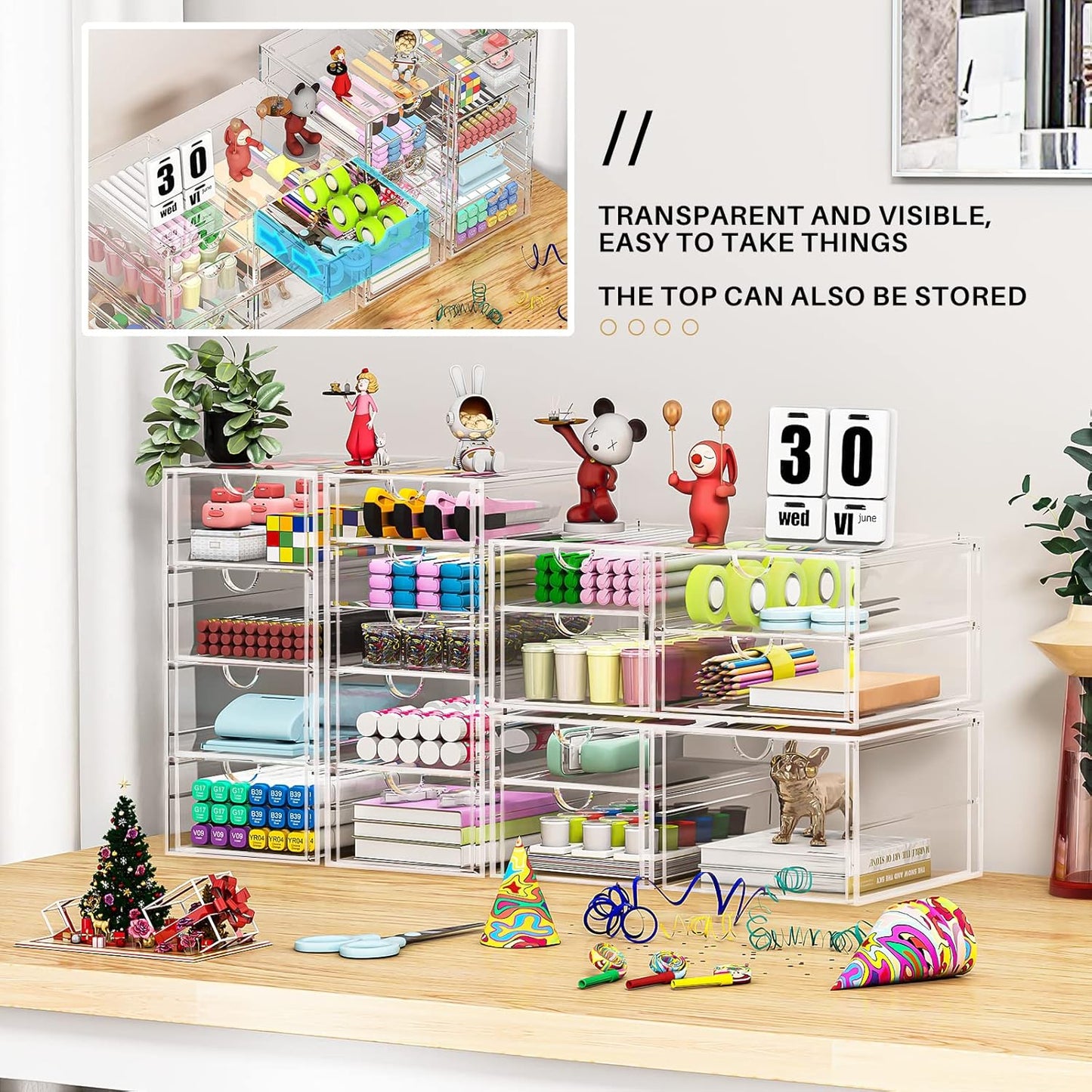 Makeup Organizer Storage With 16 Drawers, 4 Pcs Desktop Office Supplies, Desk Organizers, Clear Accessories, Dustproof Drawer and for Make Up, Jewelry, Pen, Stationary