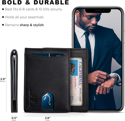 SERMAN BRANDS RFID Blocking Slim Bifold Genuine Leather Minimalist Front Pocket Wallets for Men with Money Clip Thin Gift