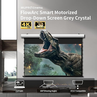 FlowArc Deluxe Smart Motorized Drop Down Screen Gray Crystal,White Aluminium Casing Ceiling/Wall Mount, 3D Enhanced,Compatible Lumen up to 1800 ANSI Standard/Telephoto Projector (100")