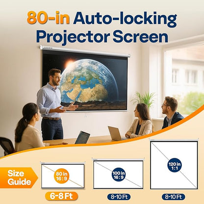 VIVOHOME 80 Inch 16:9 Pull Down Projector Screen, HD 4K Retractable Movie Screen for Indoor Home Theater and Office, Manual Projection Screen with Auto Locking (70Wx40H Inch Display Area)