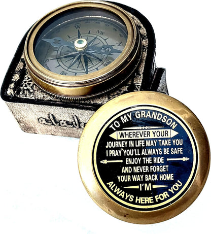 Gift for Grandson Brass Compass Engraved Quote | Memory Present to My Grandson Birthday, Baptism, Graduation, Confirmation, Love, Gift idea by Grandpa Grandma