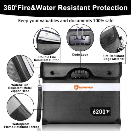 6200°F Upgraded Fireproof Document Bag with Lock, Fireproof Money Bag for Cash with Zipper/Reflective Strip, 9 Layer of Heat Insulated Material, Water Resistant Fire proof Bags for Documents,Fire Bags