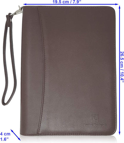 Zippered Portfolio Binder with Junior Legal 5x8 Notepad - Dark Brown PU Faux Leather Business Padfolio Organizer Folder with 8 Inch Tablet Sleeve & Gift Box by Lautus Designs