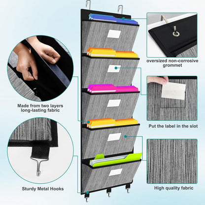 homyfort Over the Door File Organizer, Hanging File Folders, Wall Organizers and Storage for Mail, Magazine, Notebooks, Planners, Office, Classroom, 5 Extra Large Pockets, 50.39” Tall (Black)