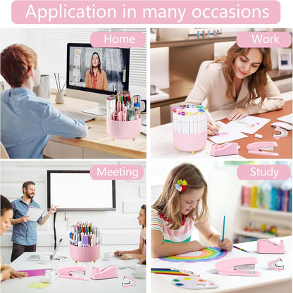 Pink Desk Accessories, Pink Office Supplies 360°Pen Holder Desk Organizers and Accessories with Tape Dispenser, Stapler, Staple Remover, 1000 Staples, Tape, Clips Set, Ruler, Scissor, Pen