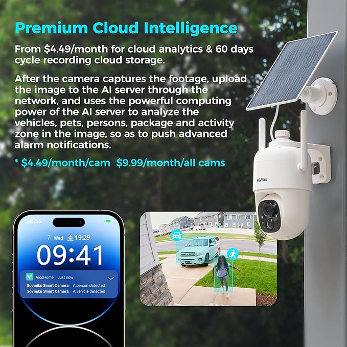 SOVMIKU 4CQ1 AI 2K Solar Security Camera Wireless Outdoor, Battery Powered, Two Way Audio, PIR Motion Detection, 360° View Pan/Tilt,Easy to Setup, Color Night Vision, Audible Flashlight Siren,SD Slot
