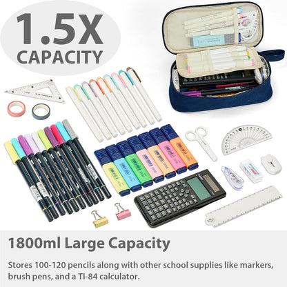 Pencil Case Pouch Box Bag School Supplies Girls Boys Kids, Cute Preppy Stuff Large Big Capacity Aesthetic Pen Organizer, Back to College Stationary, Midnight Blue, Standard Stlye, 1800ml