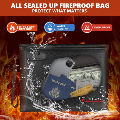 ROLOWAY Fireproof Document Bag (14.5 x 11.5 inch), 6400℉ Fireproof Money Bag with Zipper for Cash, Fire Safe Money Pouch with Lock (Black)
