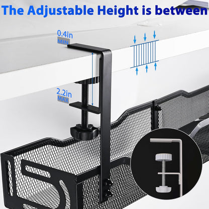 Clamp-On Under Desk Cable Management Tray – 25.3 Inch No Drill Metal Wire Organizer for Home Office & Standing Desk Setup (Black)