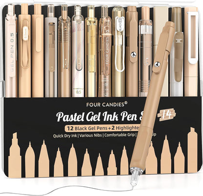 Four Candies 14Pack Pastel Gel Ink Pen Set,Cute Retractable 0.5mm Fine Point Pen,Note Taking Aesthetic Pens,12 Pack Black Ink Pens with 2Pack Highlighter, Smooth Writing Pens for School, Office(Brown)