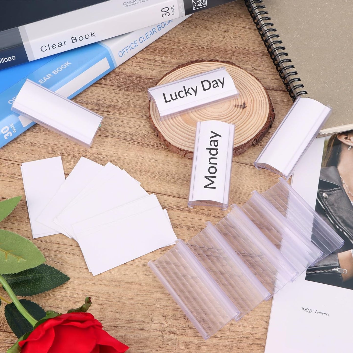 100Pcs Shelf Label Holder, Basket Labels Clip On Shelf Labels for Storage Bins, Wire Shelfs Clips with Labels Paper Inserts Merchandise Sign Display Holder Compatible with 1-1/4 Inch Shelve