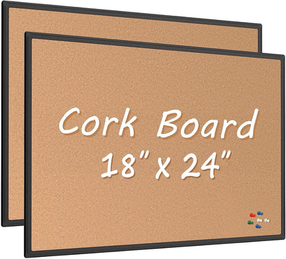 Board2by 2-Pack Cork Board Bulletin Board 24 x 18, Black Aluminium Framed Corkboard, Office Board for Wall Cork, Large Wall Mounted Notice Pin Board with 32 Push Pins for School, Home & Office