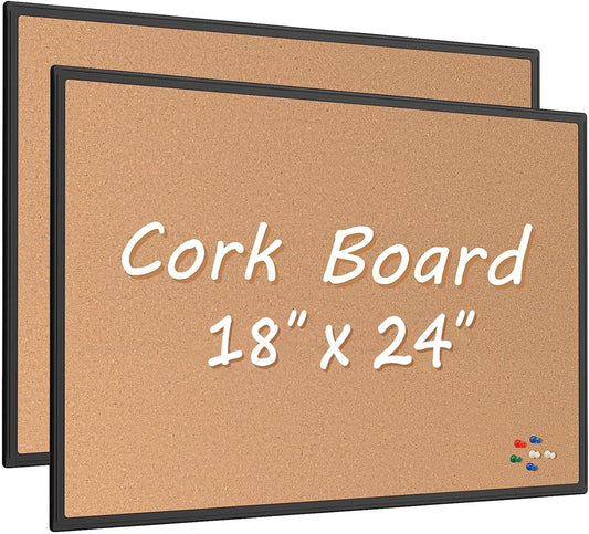 Board2by 2-Pack Cork Board Bulletin Board 24 x 18, Black Aluminium Framed Corkboard, Office Board for Wall Cork, Large Wall Mounted Notice Pin Board with 32 Push Pins for School, Home & Office