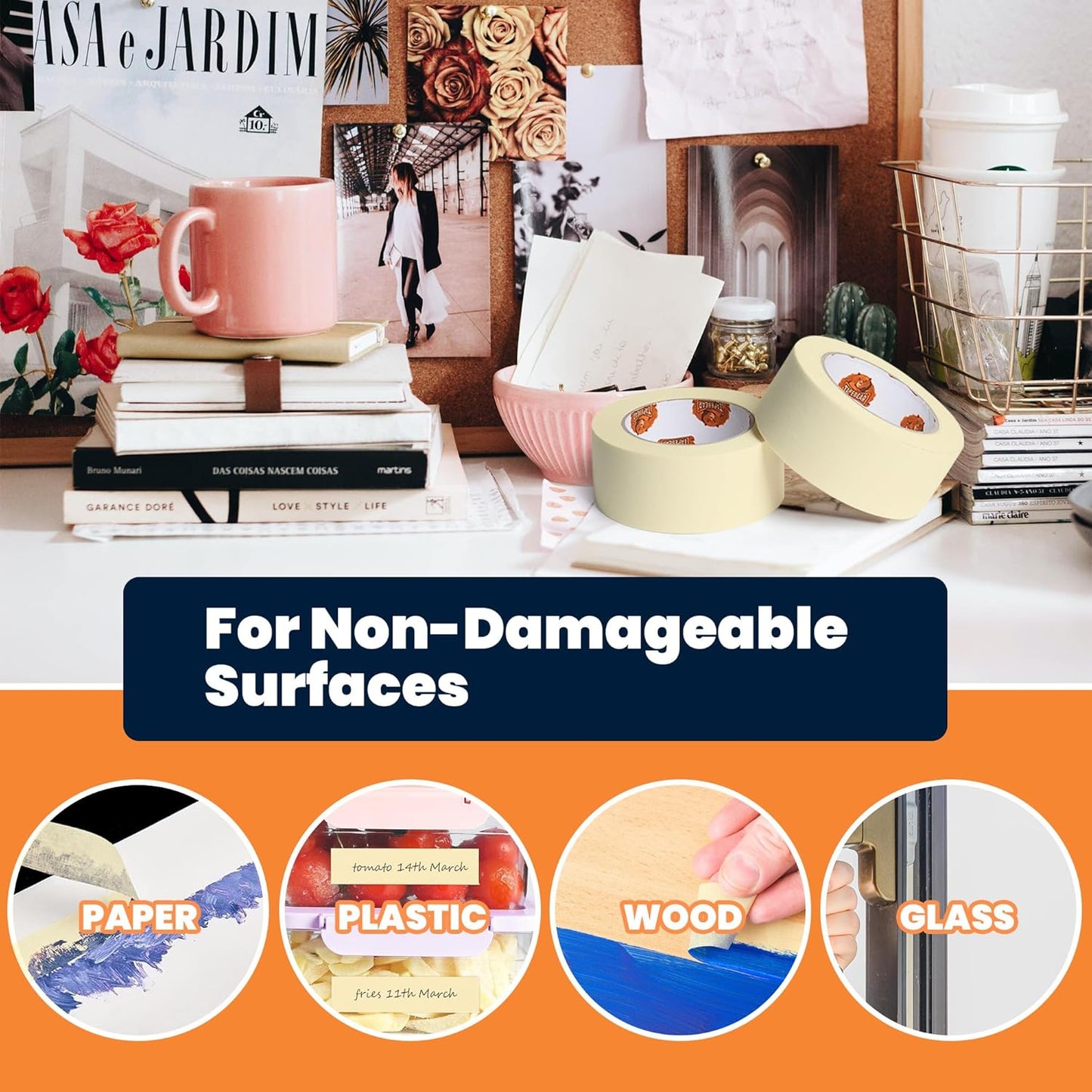 General Purpose Masking Tape 0.94 Inches x 60 Yards, Beige White Painters Tape for Painting, Labeling, DIY Arts Crafts, Home Office School Projects, 6 Rolls