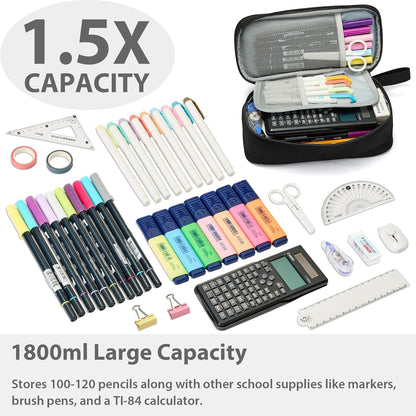 Pencil Case Pouch Box Bag School Supplies Girls Boys Kids, Cute Preppy Stuff Large Big Capacity Aesthetic Pen Organizer, Back to College Stationary, Black, Classic Stlye, 1800ml