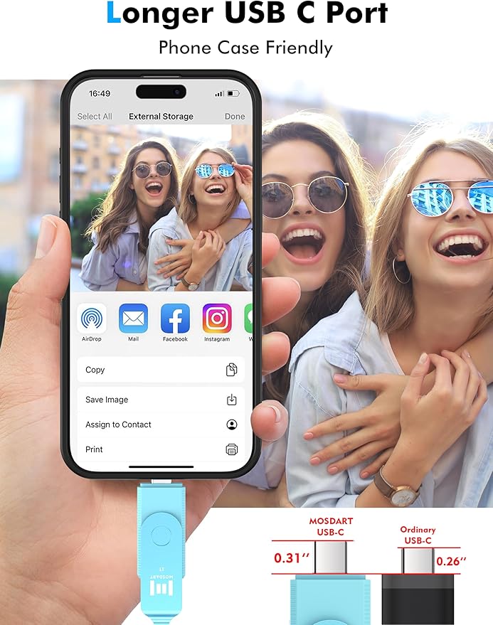 MOSDART 1TB USB3.1 Fast Speed C and A Dual Flash Drive, exFAT Memory Stick with Keychain and LED Indicator, for iPhone 15,16,17, Android Phone, iPad, MacBook, and Other Laptops, Sky Blue