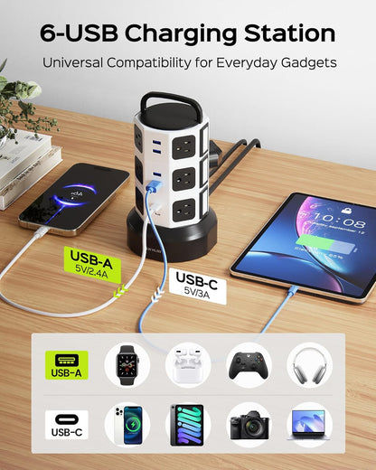 Power Strip Tower Surge Protector, JACKYLED 1625W 13A Outlet Surge Electric Tower, 12 Outlets 6 USB Ports Charging Station with 16AWG 15ft Heavy Duty Extension Cord for Home Office Dorm