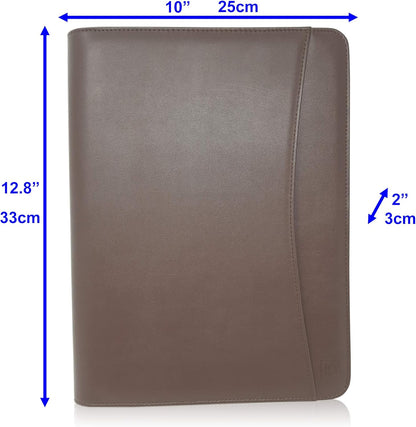 Dark Brown Zippered Portfolio Binder - PU Leather Business Portfolio Organizer - Padfolio for Men & Women with US Letter Notepad, 10.5 Inch Tablet Pocket & Gift Box by Lautus Designs