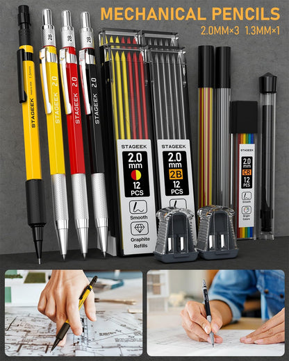 34 Pack Carpenter Pencil Set with Sharpener, Mechanical Carpenter Pencils with Deep Hole Long-Nib Marker Pens, Carbide Scribe Tool & Construction Pencils for Architect Woodworking with Case