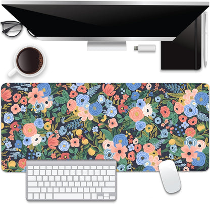Garden Party Flowers Desk Pad Mouse Pad,Large Floral Mouse Mat with Stitched Edges,Non-Slip Rubber Base Mousepad for Office PC Keyboard Laptop and Home Work Desk Mat(27.5X11.8 in)