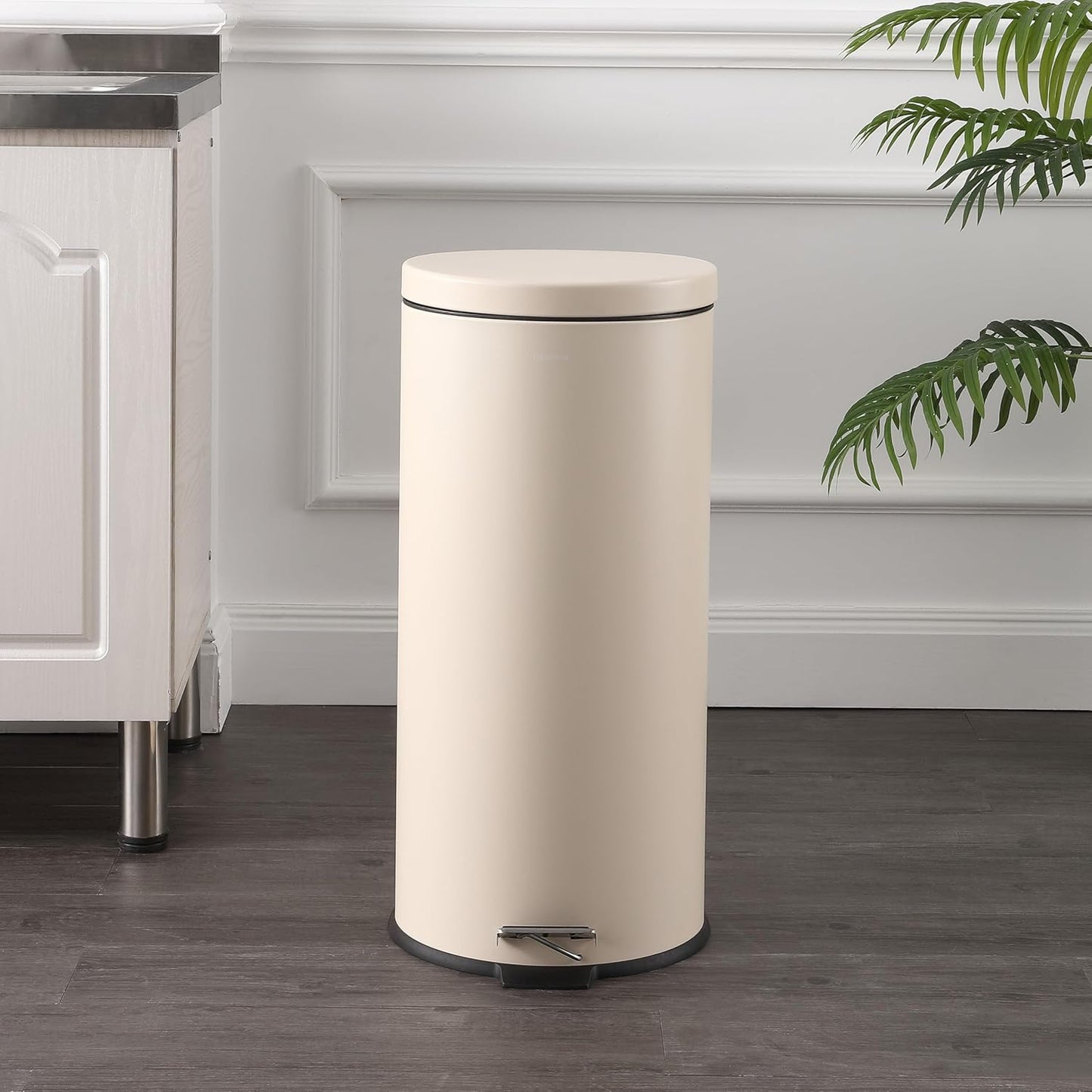happimess HPM1000E Oscar 8-Gallon Step-Open Trash Can with Free Mini Trash Can, Modern, Fingerprint Proof for Home, Kitchen, Office, Large:7.9 Gallon Small:1.3 Gallon, Limestone Beige