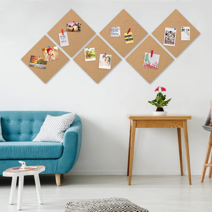 AKTOP Cork Board Bulletin Board 12x12, 1/2" Thick Cork Board Tiles 12 Pack, Small Square Pin Board for Wall, Self Adhesive Corkboards with 120 Push Pin Wood Clips for School, Home & Office