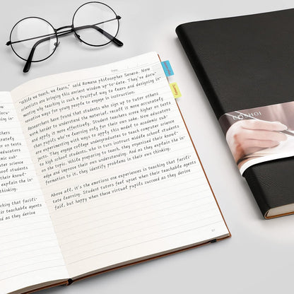 EMSHOI Composition Notebooks College Ruled - Soft Cover Leather Thick Journal, B5 Large Notebook, with Free Sticky Notes, 204 Numbered Pages,100gsm Lined Paper, for Writers Students, 7.5"x10"- Black