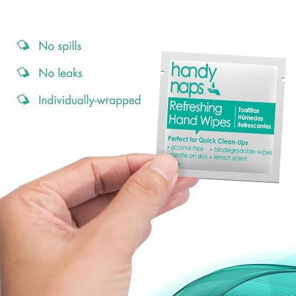 Handynaps Alcohol-Free Hand Wipes With Fresh Lemon Scent, Gentle On The Skin - Box of 100 Individually Wrapped Wipes For Adults and Kids, Travel Essentials
