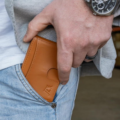 Kings Loot Money Clip Slim Minimalist Wallet for Men – RFID Blocking Leather Design with Money Clip – Front Pocket Bifold Holds 12 Cards – Stylish & Compact Wallets (Cognac/Premium Engraved)