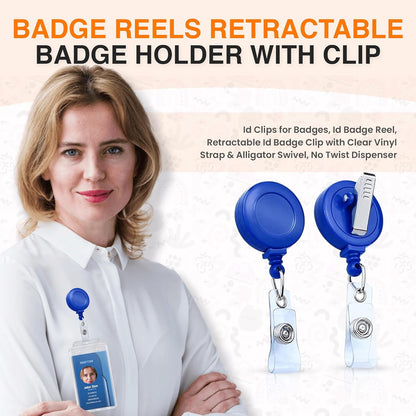 25 Pack Badge Reels Retractable Badge Holder with Clip, Id Clips for Badges, Id Badge Reel, Retractable Id Badge Clip with Clear Vinyl Strap & Alligator Swivel, No Twist Dispenser (Blue)