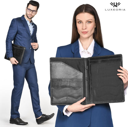 Leather Portfolio Professional Organizer Padfolio – Resume Folder, Document Binder w/Business Card Holder, Portfolios for Men & Women, Office & Business Supplies by Luxeoria, (Small - Black)
