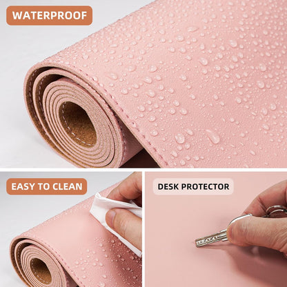 AFIING Leather Desk pad Protector, Large Non-Slip Office Desk Mat with Natural Cork & PU Leather, Waterproof Writing Mouse Pad for Office and Home (55in*17in,Pink)