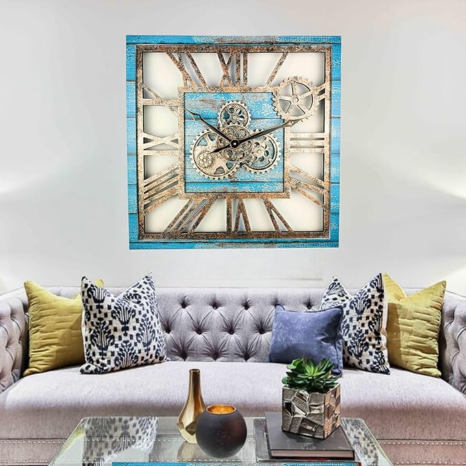 ImprovingLife The Gears Clock 24'' Inch Square Real Moving Gear Wall Clock Vintage Industrial Oversized Rustic Farmhouse (Ocean Blue)