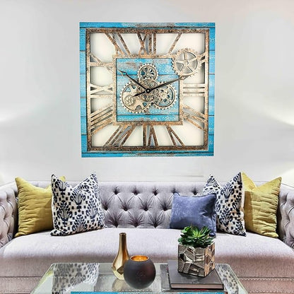 ImprovingLife The Gears Clock 24'' Inch Square Real Moving Gear Wall Clock Vintage Industrial Oversized Rustic Farmhouse (Ocean Blue)