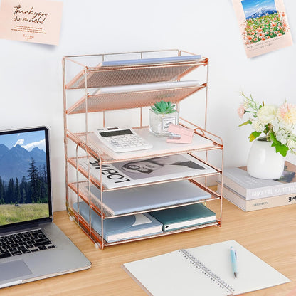 Desk Organizers and Accessories, 6-Tier Letter Tray Paper Organizer, Desktop File Organizer, Office Desk Accessories for Office Supplies (Rose Gold)