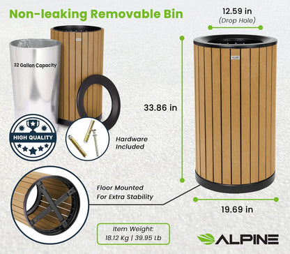 Alpine 32 Gallon Commercial Outdoor Trash Can - Heavy Duty Garbage Can Outdoor, Industrial Open Top Trash Can with Plastic Panels for Patio, Parks, Trails, Resorts (Flat Lid - Cedar)