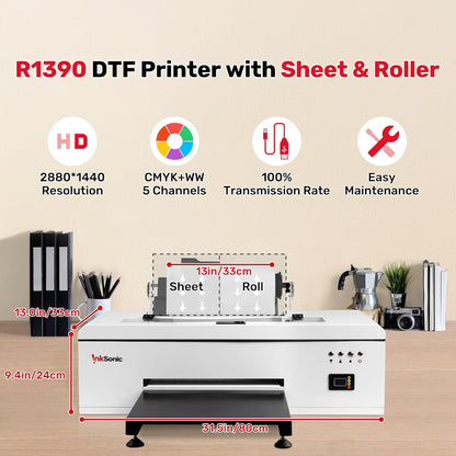 InkSonic DTF R1390 Printer A3, 13" Width DTF Transfer Pinter Bundle with Heat Press Machine, Custom T shirt Printing Machine, Multi-Material Compatible, Direct to Film, White Ink Circulation System