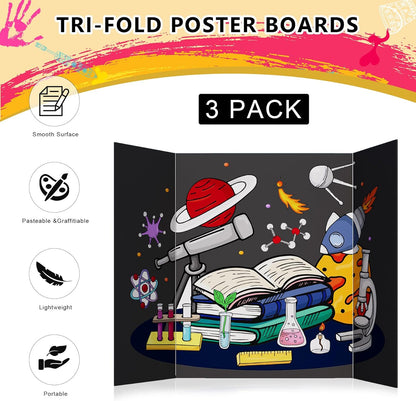 HAUTOCO 3 Pcs Small Trifold Poster Board 21 x 14 inches Tri Fold Presentation Boards Black Corrugated Project Boards for Science Fair, School Project, Event Displays, Business