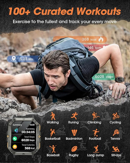 Military Smart Watches for Men (Answer/Make Calls), 2.02'' Fitness Smart Watch for Android and iPhone, Waterproof Fitness Tracker with Blood Pressure/Heart Rate/Sleep/100+ Sport Modes, Watches for Men