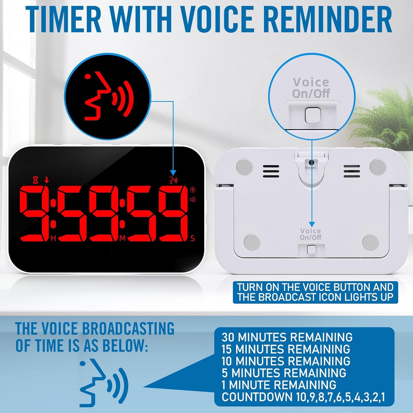 LED Timer （1.5" Number） with Voice Reminder, Digital Magnetic Timer, Countdown/Up, Rechargeabilit, Brightness Display, 3 Volume Levels and Vibration Mode, for Classroom, Study (red)