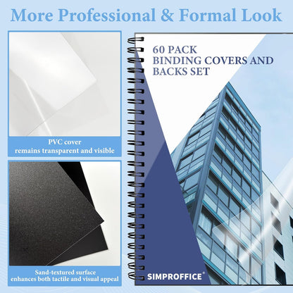 60 Pack Binding Covers and Backs Set, 8.5 x 11 Inches, 30P Clear PVC Covers (10 Mil), 30P Black Sand-Textured Polycovers (12 Mil), Presentation Covers for Binding, Letter Size