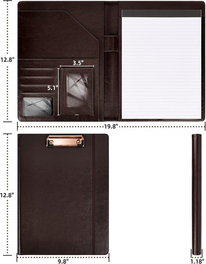 Leather Portfolios for Men Clip Boards 8.5x11 with Storage Dark Brown Leather Binder Folders