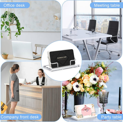 Amyhill 2 Pieces Acrylic Business Card Holder for Desk Clear Horizontal Business Card Display Stand Postcard Holder for Office Home Desktop (Silver)