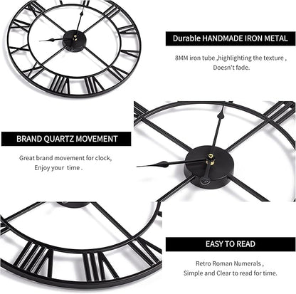 Large Wall Clocks for Living Room Decor, 16 Inch Round Black Metal Silent Non Ticking Battery Operated Jumbo Numerals Modern Vintage Decorative Clock Wall for Bedroom,Kitchen,Office,Farmhouse
