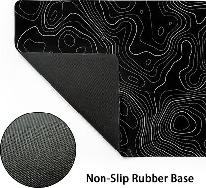 Topographic Contour Black Gaming Mouse Pad XXL Topo Geographic Map Lines Extended Large Mouse Pad Big Desk Mat Non-Slip Rubber Base Stitched Edge Long Mousepad for Desktop Office Desk,35.4 x 15.7 in