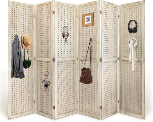 Room Divider, 5.6FT Folding Room Divider Panel, 6 Panel Pegboard Display Wood Partition Wall Divider for Room Separation& Craft Shows, Natural Wood