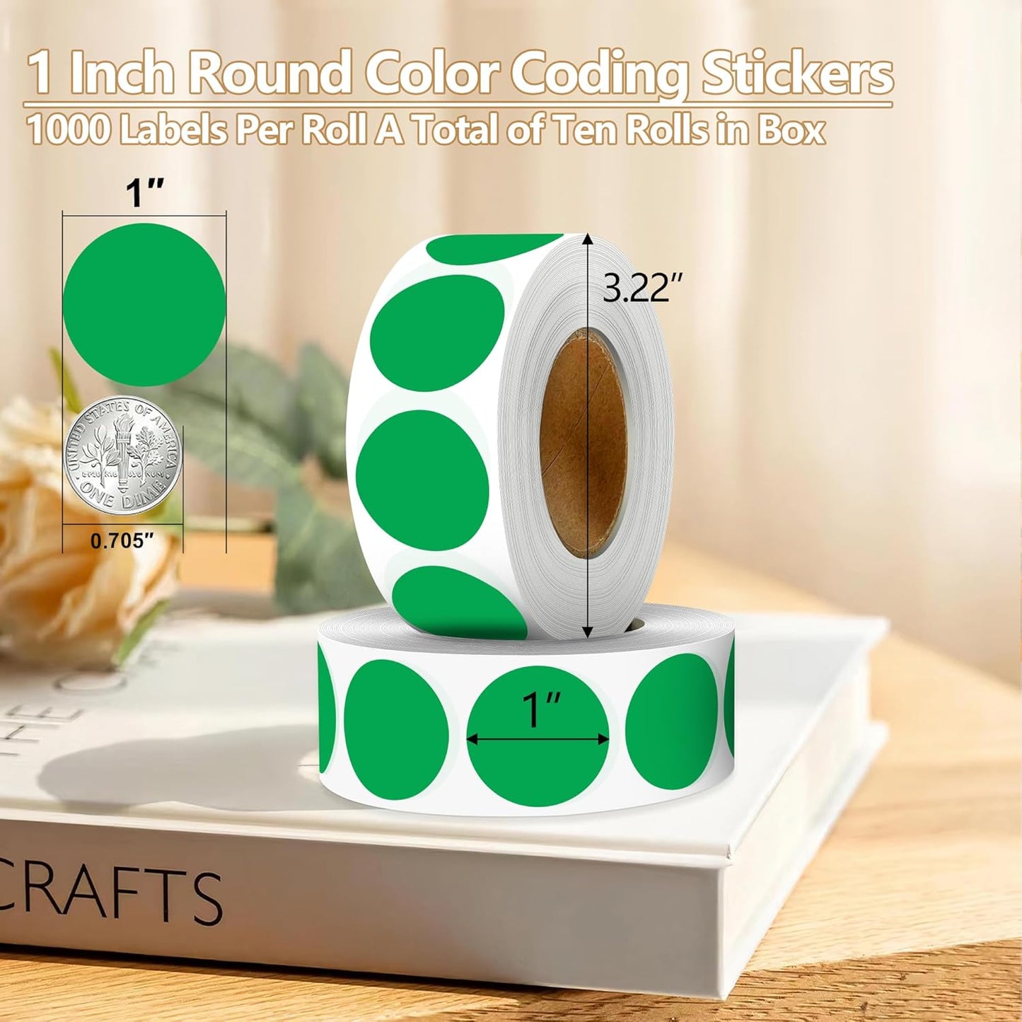 Green 1 Inch Round Color Coding Dot Labels, 10 Rolls 10000 Dot Stickers in Dispenser Box - Permanent Adhesion, Vibrant Colors, Highly Visible